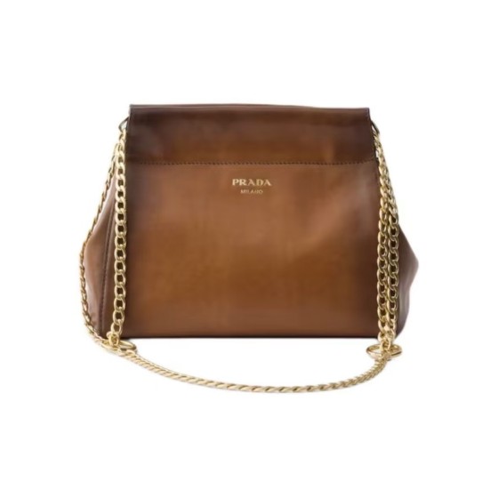 PRADA mini women\'s Cognac color handbag with embossed letter logo on the front